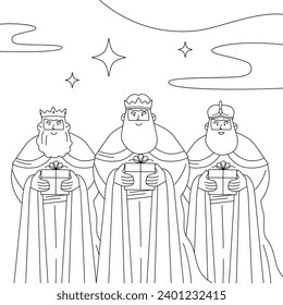 Los Reyes Magos ( Translation - Three Wise Men ). Happy epiphany day. January 6. Nativity of Jesus. Cartoon Vector illustration Template design for Poster, Banner, Flyer, Greeting, Card, Cover, Post.