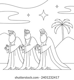 Los Reyes Magos ( Translation - Three Wise Men ). Happy epiphany day. January 6. Nativity of Jesus. Cartoon Vector illustration Template design for Poster, Banner, Flyer, Greeting, Card, Cover, Post.