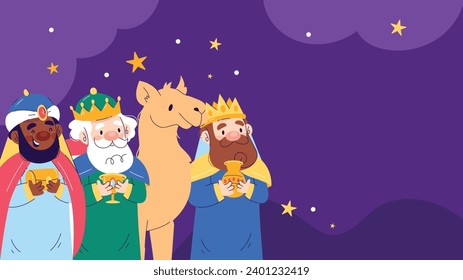 Los Reyes Magos ( Translation - Three Wise Men ). Happy epiphany day. January 6. Nativity of Jesus. Cartoon Vector illustration Template design for Poster, Banner, Flyer, Greeting, Card, Cover, Post.