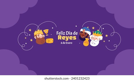 Los Reyes Magos ( Translation - Three Wise Men ). Happy epiphany day. January 6. Nativity of Jesus. Cartoon Vector illustration Template design for Poster, Banner, Flyer, Greeting, Card, Cover, Post.