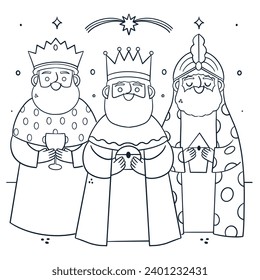 Los Reyes Magos ( Translation - Three Wise Men ). Happy epiphany day. January 6. Nativity of Jesus. Cartoon Vector illustration Template design for Poster, Banner, Flyer, Greeting, Card, Cover, Post.