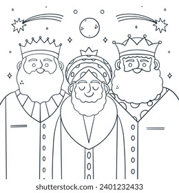 Los Reyes Magos ( Translation - Three Wise Men ). Happy epiphany day. January 6. Nativity of Jesus. Cartoon Vector illustration Template design for Poster, Banner, Flyer, Greeting, Card, Cover, Post.