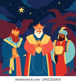 Los Reyes Magos ( Translation - Three Wise Men ). Happy epiphany day. January 6. Nativity of Jesus. Cartoon Vector illustration Template design for Poster, Banner, Flyer, Greeting, Card, Cover, Post.