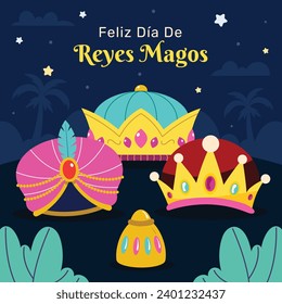 Los Reyes Magos ( Translation - Three Wise Men ). Happy epiphany day. January 6. Nativity of Jesus. Cartoon Vector illustration Template design for Poster, Banner, Flyer, Greeting, Card, Cover, Post.