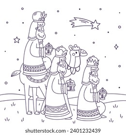 Los Reyes Magos ( Translation - Three Wise Men ). Happy epiphany day. January 6. Nativity of Jesus. Cartoon Vector illustration Template design for Poster, Banner, Flyer, Greeting, Card, Cover, Post.