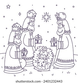 Los Reyes Magos ( Translation - Three Wise Men ). Happy epiphany day. January 6. Nativity of Jesus. Cartoon Vector illustration Template design for Poster, Banner, Flyer, Greeting, Card, Cover, Post.