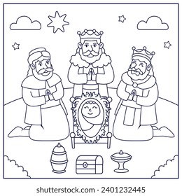 Los Reyes Magos ( Translation - Three Wise Men ). Happy epiphany day. January 6. Nativity of Jesus. Cartoon Vector illustration Template design for Poster, Banner, Flyer, Greeting, Card, Cover, Post.