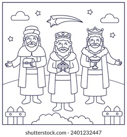 Los Reyes Magos ( Translation - Three Wise Men ). Happy epiphany day. January 6. Nativity of Jesus. Cartoon Vector illustration Template design for Poster, Banner, Flyer, Greeting, Card, Cover, Post.