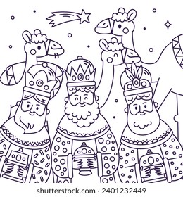 Los Reyes Magos ( Translation - Three Wise Men ). Happy epiphany day. January 6. Nativity of Jesus. Cartoon Vector illustration Template design for Poster, Banner, Flyer, Greeting, Card, Cover, Post.