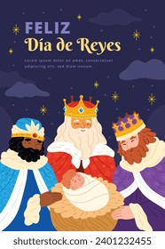 Los Reyes Magos ( Translation - Three Wise Men ). Happy epiphany day. January 6. Nativity of Jesus. Cartoon Vector illustration Template design for Poster, Banner, Flyer, Greeting, Card, Cover, Post.