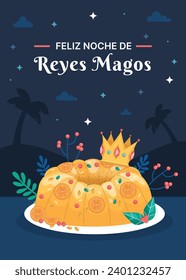 Los Reyes Magos ( Translation - Three Wise Men ). Happy epiphany day. January 6. Nativity of Jesus. Cartoon Vector illustration Template design for Poster, Banner, Flyer, Greeting, Card, Cover, Post.