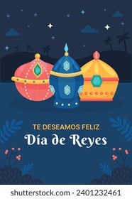 Los Reyes Magos ( Translation - Three Wise Men ). Happy epiphany day. January 6. Nativity of Jesus. Cartoon Vector illustration Template design for Poster, Banner, Flyer, Greeting, Card, Cover, Post.