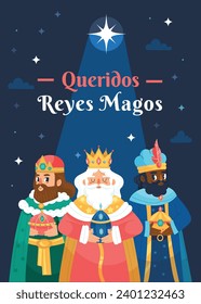 Los Reyes Magos ( Translation - Three Wise Men ). Happy epiphany day. January 6. Nativity of Jesus. Cartoon Vector illustration Template design for Poster, Banner, Flyer, Greeting, Card, Cover, Post.