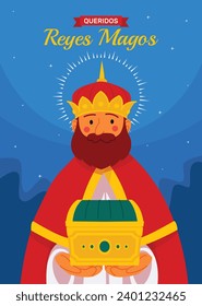 Los Reyes Magos ( Translation - Three Wise Men ). Happy epiphany day. January 6. Nativity of Jesus. Cartoon Vector illustration Template design for Poster, Banner, Flyer, Greeting, Card, Cover, Post.
