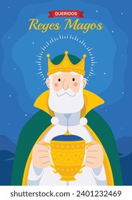Los Reyes Magos ( Translation - Three Wise Men ). Happy epiphany day. January 6. Nativity of Jesus. Cartoon Vector illustration Template design for Poster, Banner, Flyer, Greeting, Card, Cover, Post.
