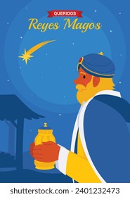 Los Reyes Magos ( Translation - Three Wise Men ). Happy epiphany day. January 6. Nativity of Jesus. Cartoon Vector illustration Template design for Poster, Banner, Flyer, Greeting, Card, Cover, Post.