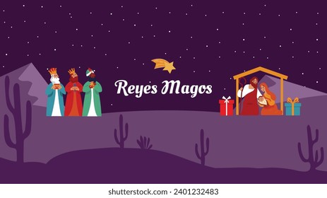 Los Reyes Magos ( Translation - Three Wise Men ). Happy epiphany day. January 6. Nativity of Jesus. Cartoon Vector illustration Template design for Poster, Banner, Flyer, Greeting, Card, Cover, Post.