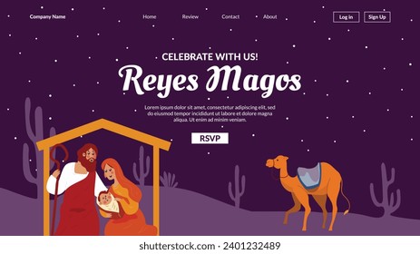 Los Reyes Magos ( Translation - Three Wise Men ). Happy epiphany day. January 6. Nativity of Jesus. Cartoon Vector illustration Template design for Poster, Banner, Flyer, Greeting, Card, Cover, Post.