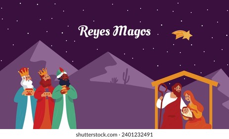 Los Reyes Magos ( Translation - Three Wise Men ). Happy epiphany day. January 6. Nativity of Jesus. Cartoon Vector illustration Template design for Poster, Banner, Flyer, Greeting, Card, Cover, Post.