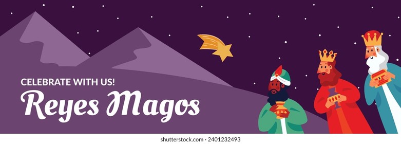 Los Reyes Magos ( Translation - Three Wise Men ). Happy epiphany day. January 6. Nativity of Jesus. Cartoon Vector illustration Template design for Poster, Banner, Flyer, Greeting, Card, Cover, Post.