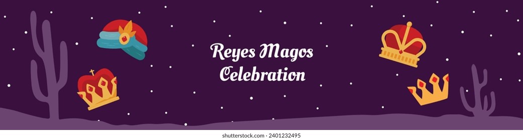 Los Reyes Magos ( Translation - Three Wise Men ). Happy epiphany day. January 6. Nativity of Jesus. Cartoon Vector illustration Template design for Poster, Banner, Flyer, Greeting, Card, Cover, Post.