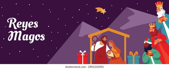 Los Reyes Magos ( Translation - Three Wise Men ). Happy epiphany day. January 6. Nativity of Jesus. Cartoon Vector illustration Template design for Poster, Banner, Flyer, Greeting, Card, Cover, Post.