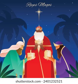 Los Reyes Magos ( Translation - Three Wise Men ). Happy epiphany day. January 6. Nativity of Jesus. Cartoon Vector illustration Template design for Poster, Banner, Flyer, Greeting, Card, Cover, Post.