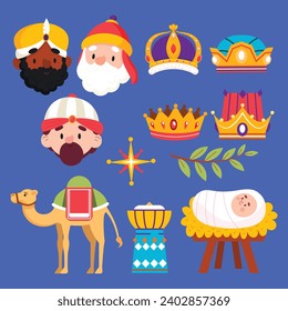 Los Reyes Magos ( Translation - Three Wise Men ). Happy epiphany day. January 6. Nativity of Jesus. Vector illustration decorative elements for Poster, Banner, Flyer, Greeting, Card, Cover, Post.