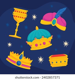 Los Reyes Magos ( Translation - Three Wise Men ). Happy epiphany day. January 6. Nativity of Jesus. Vector illustration decorative elements for Poster, Banner, Flyer, Greeting, Card, Cover, Post.