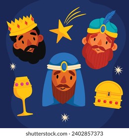 Los Reyes Magos ( Translation - Three Wise Men ). Happy epiphany day. January 6. Nativity of Jesus. Vector illustration decorative elements for Poster, Banner, Flyer, Greeting, Card, Cover, Post.