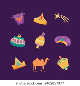 Los Reyes Magos ( Translation - Three Wise Men ). Happy epiphany day. January 6. Nativity of Jesus. Vector illustration decorative elements for Poster, Banner, Flyer, Greeting, Card, Cover, Post.