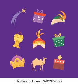 Los Reyes Magos ( Translation - Three Wise Men ). Happy epiphany day. January 6. Nativity of Jesus. Vector illustration decorative elements for Poster, Banner, Flyer, Greeting, Card, Cover, Post.