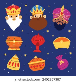 Los Reyes Magos ( Translation - Three Wise Men ). Happy epiphany day. January 6. Nativity of Jesus. Vector illustration decorative elements for Poster, Banner, Flyer, Greeting, Card, Cover, Post.