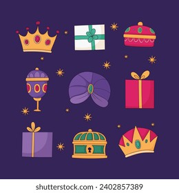 Los Reyes Magos ( Translation - Three Wise Men ). Happy epiphany day. January 6. Nativity of Jesus. Vector illustration decorative elements for Poster, Banner, Flyer, Greeting, Card, Cover, Post.