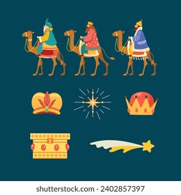 Los Reyes Magos ( Translation - Three Wise Men ). Happy epiphany day. January 6. Nativity of Jesus. Vector illustration decorative elements for Poster, Banner, Flyer, Greeting, Card, Cover, Post.