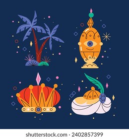 Los Reyes Magos ( Translation - Three Wise Men ). Happy epiphany day. January 6. Nativity of Jesus. Vector illustration decorative elements for Poster, Banner, Flyer, Greeting, Card, Cover, Post.