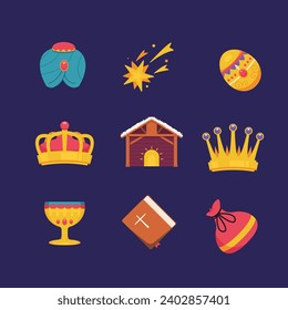 Los Reyes Magos ( Translation - Three Wise Men ). Happy epiphany day. January 6. Nativity of Jesus. Vector illustration decorative elements for Poster, Banner, Flyer, Greeting, Card, Cover, Post.