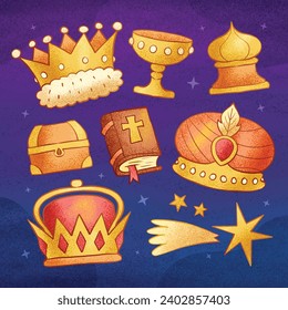 Los Reyes Magos ( Translation - Three Wise Men ). Happy epiphany day. January 6. Nativity of Jesus. Vector illustration decorative elements for Poster, Banner, Flyer, Greeting, Card, Cover, Post.