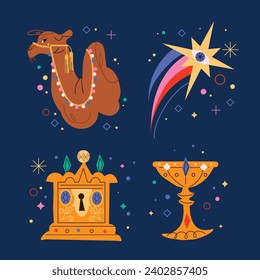 Los Reyes Magos ( Translation - Three Wise Men ). Happy epiphany day. January 6. Nativity of Jesus. Vector illustration decorative elements for Poster, Banner, Flyer, Greeting, Card, Cover, Post.