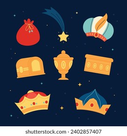 Los Reyes Magos ( Translation - Three Wise Men ). Happy epiphany day. January 6. Nativity of Jesus. Vector illustration decorative elements for Poster, Banner, Flyer, Greeting, Card, Cover, Post.