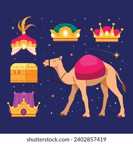 Los Reyes Magos ( Translation - Three Wise Men ). Happy epiphany day. January 6. Nativity of Jesus. Vector illustration decorative elements for Poster, Banner, Flyer, Greeting, Card, Cover, Post.