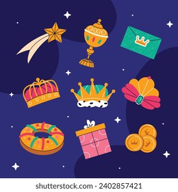 Los Reyes Magos ( Translation - Three Wise Men ). Happy epiphany day. January 6. Nativity of Jesus. Vector illustration decorative elements for Poster, Banner, Flyer, Greeting, Card, Cover, Post.