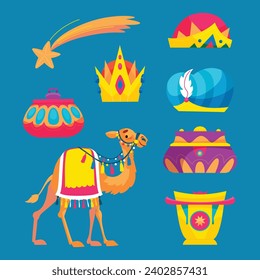 Los Reyes Magos ( Translation - Three Wise Men ). Happy epiphany day. January 6. Nativity of Jesus. Vector illustration decorative elements for Poster, Banner, Flyer, Greeting, Card, Cover, Post.