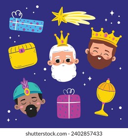 Los Reyes Magos ( Translation - Three Wise Men ). Happy epiphany day. January 6. Nativity of Jesus. Vector illustration decorative elements for Poster, Banner, Flyer, Greeting, Card, Cover, Post.