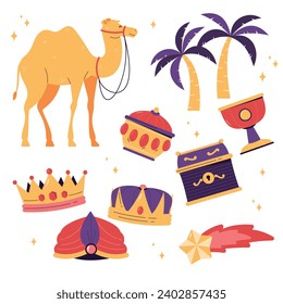 Los Reyes Magos ( Translation - Three Wise Men ). Happy epiphany day. January 6. Nativity of Jesus. Vector illustration decorative elements for Poster, Banner, Flyer, Greeting, Card, Cover, Post.