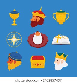 Los Reyes Magos ( Translation - Three Wise Men ). Happy epiphany day. January 6. Nativity of Jesus. Vector illustration decorative elements for Poster, Banner, Flyer, Greeting, Card, Cover, Post.