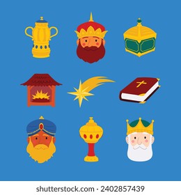 Los Reyes Magos ( Translation - Three Wise Men ). Happy epiphany day. January 6. Nativity of Jesus. Vector illustration decorative elements for Poster, Banner, Flyer, Greeting, Card, Cover, Post.