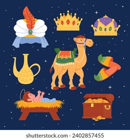 Los Reyes Magos ( Translation - Three Wise Men ). Happy epiphany day. January 6. Nativity of Jesus. Vector illustration decorative elements for Poster, Banner, Flyer, Greeting, Card, Cover, Post.