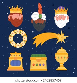 Los Reyes Magos ( Translation - Three Wise Men ). Happy epiphany day. January 6. Nativity of Jesus. Vector illustration decorative elements for Poster, Banner, Flyer, Greeting, Card, Cover, Post.