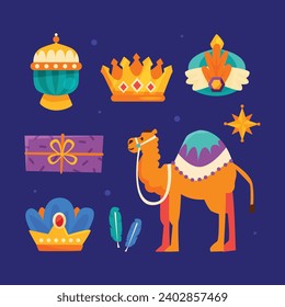 Los Reyes Magos ( Translation - Three Wise Men ). Happy epiphany day. January 6. Nativity of Jesus. Vector illustration decorative elements for Poster, Banner, Flyer, Greeting, Card, Cover, Post.